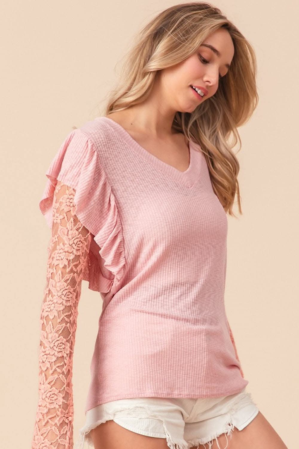 BiBi Ruffled Lace Sleeve Rib Knit Top - Love Salve